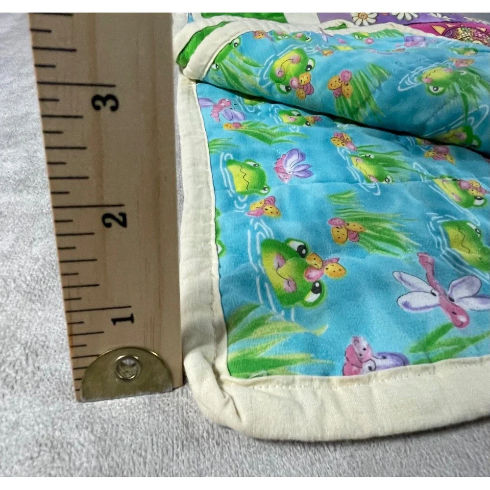 Handmade Quilt Kids 41x31 Green Pink Double Sided Frog Turtle Dragonfly Boho